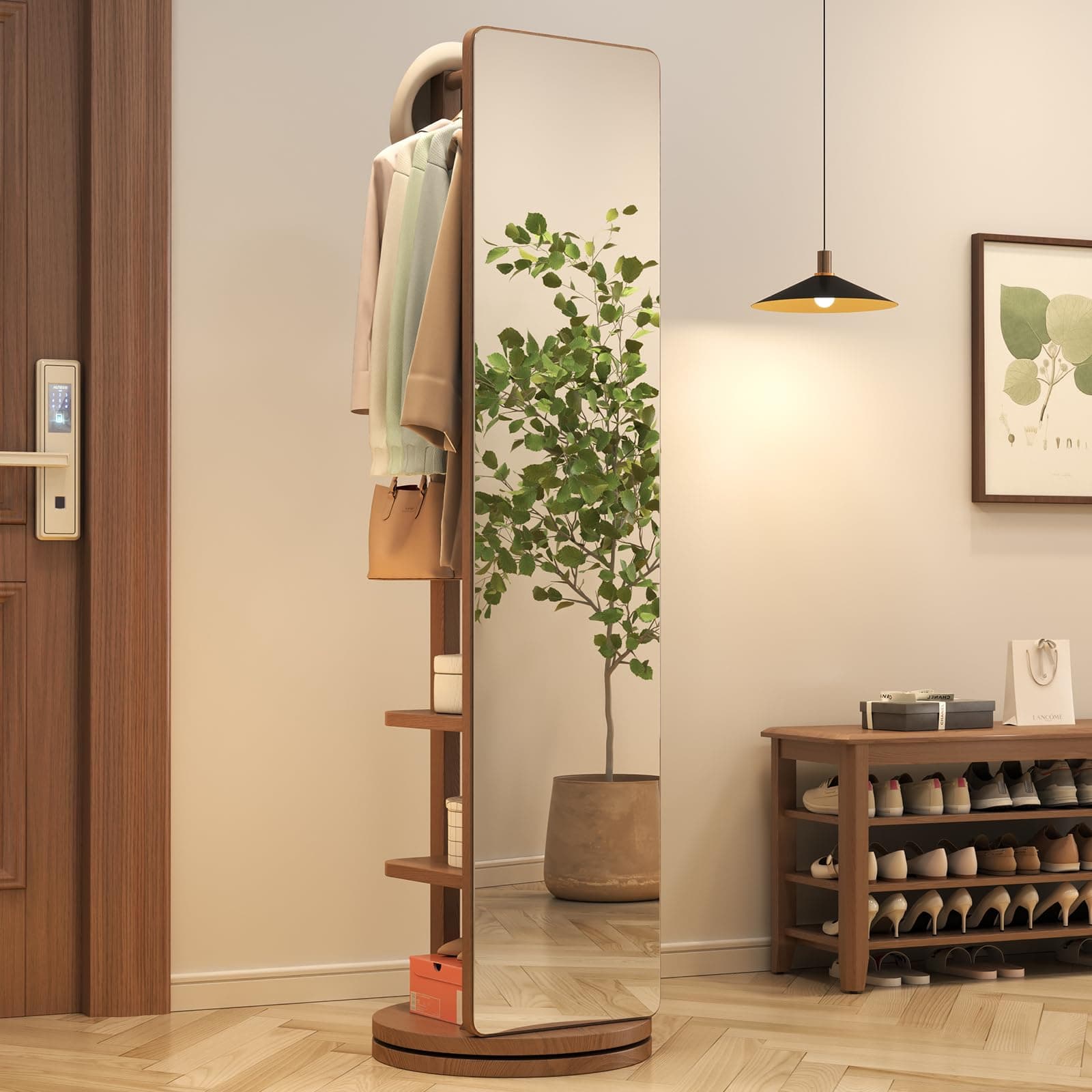 Rotaty Full Length Mirror, 69"x16", Unique Solid Wood Oversized Floor Mirror with Coat Rack, Full Body Mirror for Bedroom, Entryway, Living Room (Walnut)