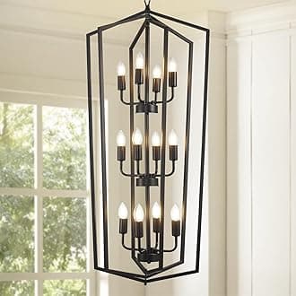 WJShome Modern Black Chandelier, 12-Light Tiered Pendant Light Fixtures, Long Chandeliers for High Ceilings, Farmhouse Foyer Lighting Fixtures, for Living Room, Staircase, Entryway