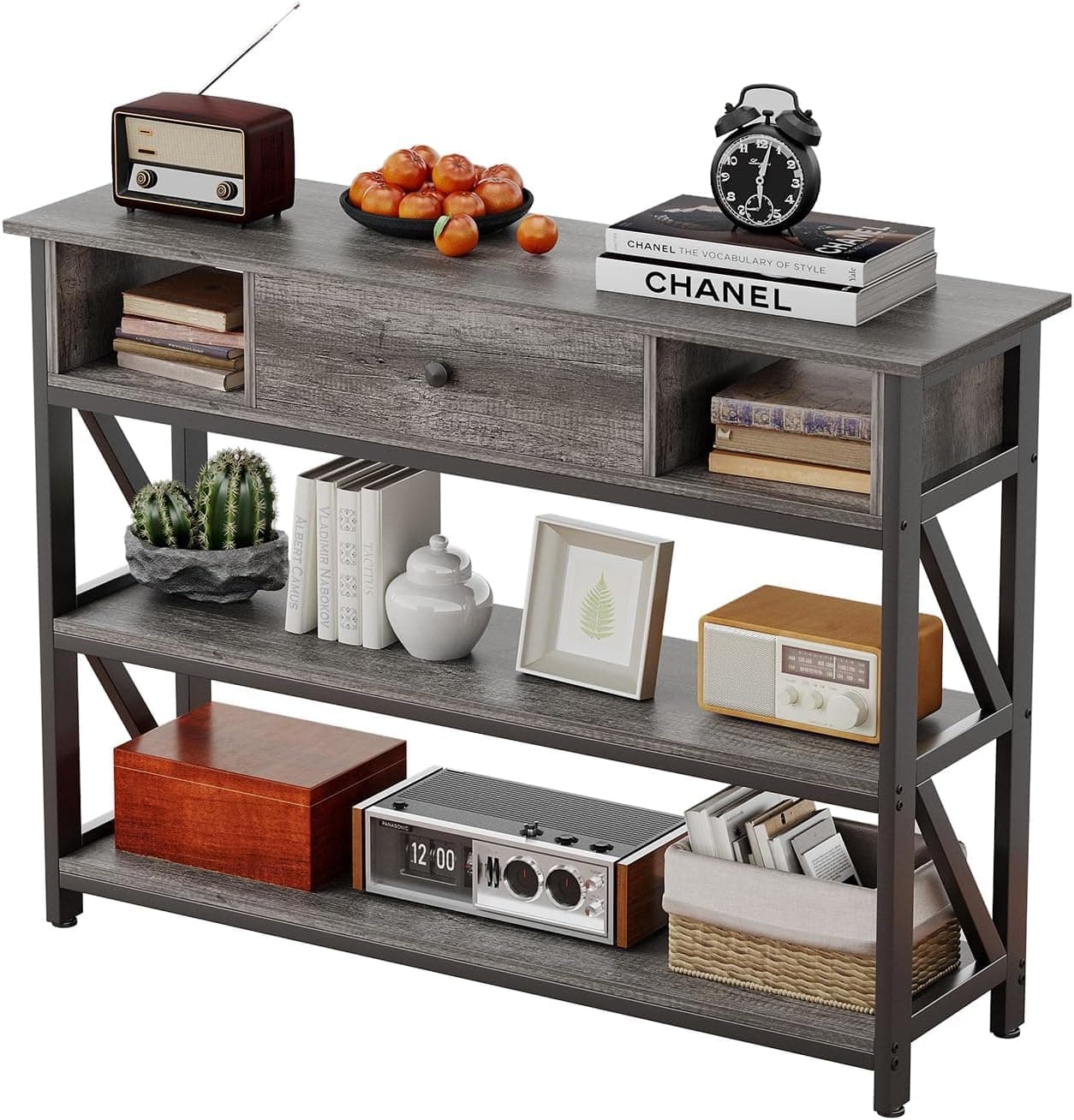 SKY-TOUCH Console Table, Entryway Table with 3-Tier Storage Shelves Boxes, Industrial Wooden Hallway Coffee Table for Living Room, Sofa, Foyer, Kitchen Countertop (Gray Oak, 100×30×79cm)