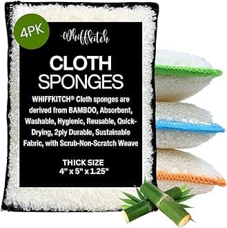Whiffkitch Bamboo Fiber Kitchen Sponges – Washable Multicolor Non Scratch Dish Sponge Set for Sink, Dishes, and Countertops – Durable Household Cleaning Pads, Washable Dishwashing Scrubbers, 4-Pack