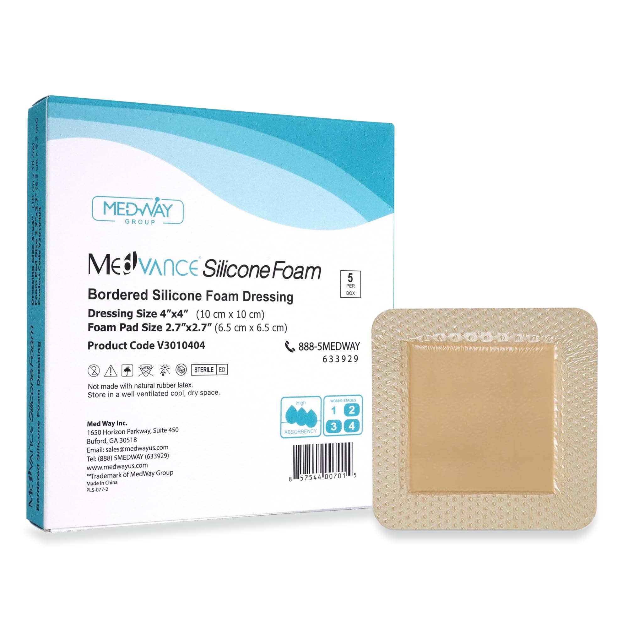 TM Silicone - Bordered Silicone Adhesive Foam Dressing Size 4"x4" (2.7"x2.7" pad), Box of 5 dressings