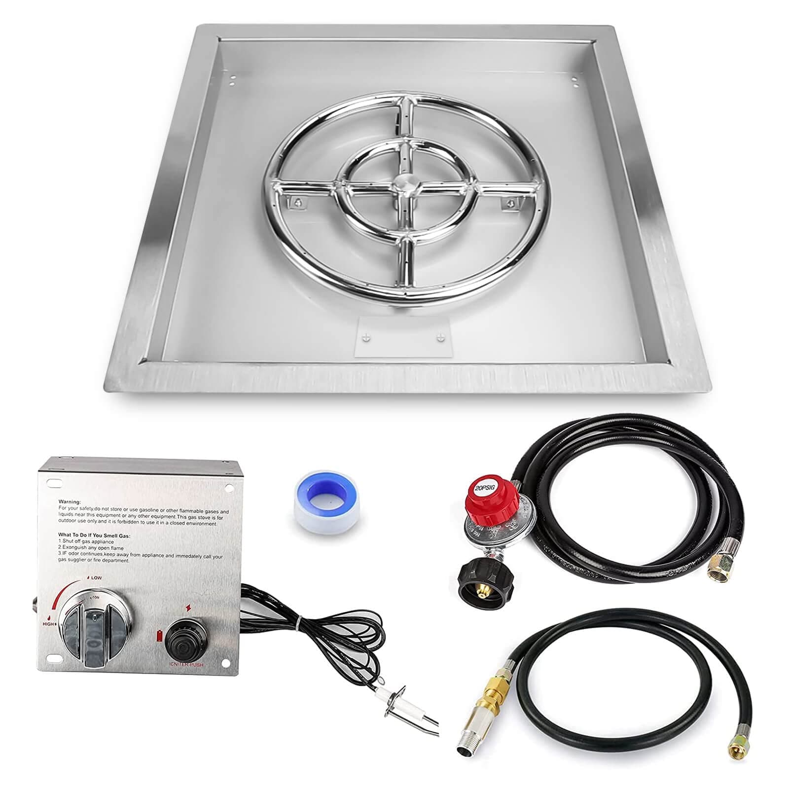 Grisun Drop In Fire Pit Kit, 18 x 18 Inch Round Burner with Tray with Upgrade Spark Ignition Kit for Gas Fire Pits, Fire Pit Table Insert Stainless Steel, Perfect for Indoor and Outdoor Decoration