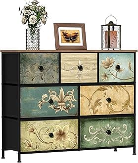 Tohomeor Dresser with Drawers for Bedroom Chest of Drawers Fabric Dresser for Closet,Nursery Entryway Hall Tree TV Stand for Living Room Retro Floral Pattern Drawers Wooden Top (7 Drawers)