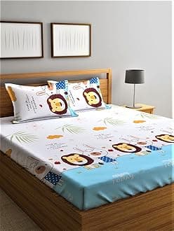 Home Sizzler 144 TC Microfibre Kid's Lion & Cat Double Bedsheet with 2 King Size Pillow Covers, Multi-Coloured…