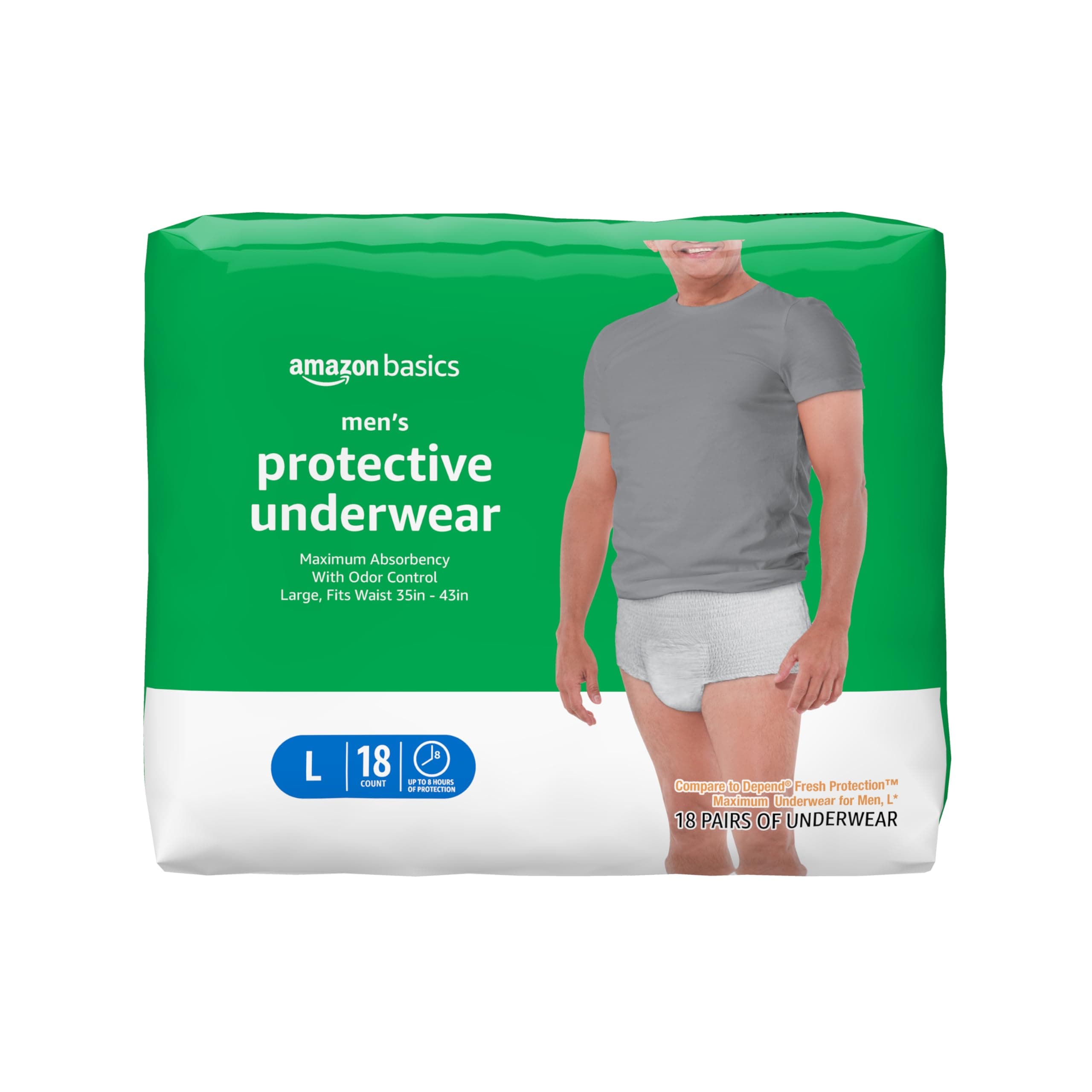 Amazon Basics Maximum Absorbency Incontinence Underwear for Men with Leak Protection, Advanced Odor Protection, Soft Cotton Feel, Large, 18 Count
