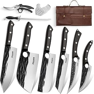 Huusk Knives Set, Serbian Chef Knife Set with Bag, Japanese Kitchen Knives Set, Hand Forged High Carbon Steel Knife Set, Full Tang Knives with Ebony Handle, Butcher Knife Set for Dad, Gif for Men