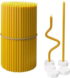 BlueBee Pure Beeswax Candles Bulk for Home - 200pcs Tall Thin Taper Candles + 5 Holders, Honey Scent, Smokeless, Long-Burn, All Natural for Church Prayer, Hanukkah, Birthday Cake, Christmas Advent