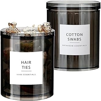 SheeChung Qtip Holder Dispenser Stackable Apothecary Jars with Storage Lids for Cotton Swabs, Balls, Pads, Floss Picks-2 Pack Acrylic Canister Black Bathroom Accessories Decor, Vanity Organizer (10oz)