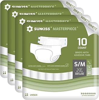 SUNKISS Masterpiece Adult Diapers with Tabs, Unisex Disposable Incontinence Briefs for Women and Men, Odor Control, White, Small/Medium, Previously M, 40 Count (4 Packs of 10)
