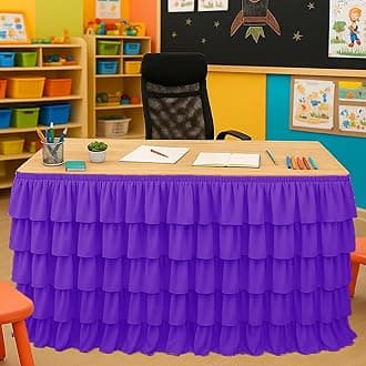 Dark Purple Table Skirt Tutu Ruffled Tablecloth for Classroom Teacher Desk Skirt Back to School Supplies for Princess Girls Birthday Party Cake Dessert Decorations, 9FT