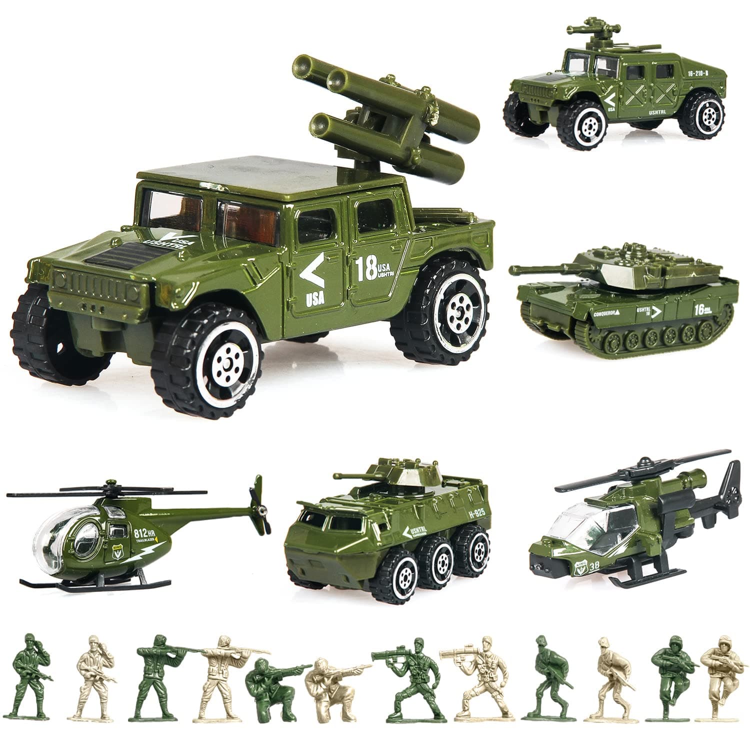 18 Pack Die-cast Military Vehicles Sets - 6 Pack Assorted Alloy Metal Models - 12 Pack Soldier Army Men, Mini Army Toy Tank, Panzer, Anti-Air Vehicle, Helicopter Playset for Boys