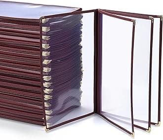 WeChef 30 Pack Restaurant Menu Covers 8.5 x 14" Book Style 4 Page 8 View PVC Transparent Double Stitch Menu Holder Book Cafe Hotel Bar Burgundy