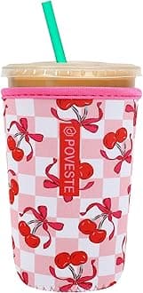 Reusable Neoprene Insulator Sleeve for Iced Coffee & Cold Soda, Coffee Sleeves for Iced & Hot Drinks, Cold Beverage Cooler Compatible with Starbucks, Dunkin (Bow&Cherry, Medium: 22-24oz)