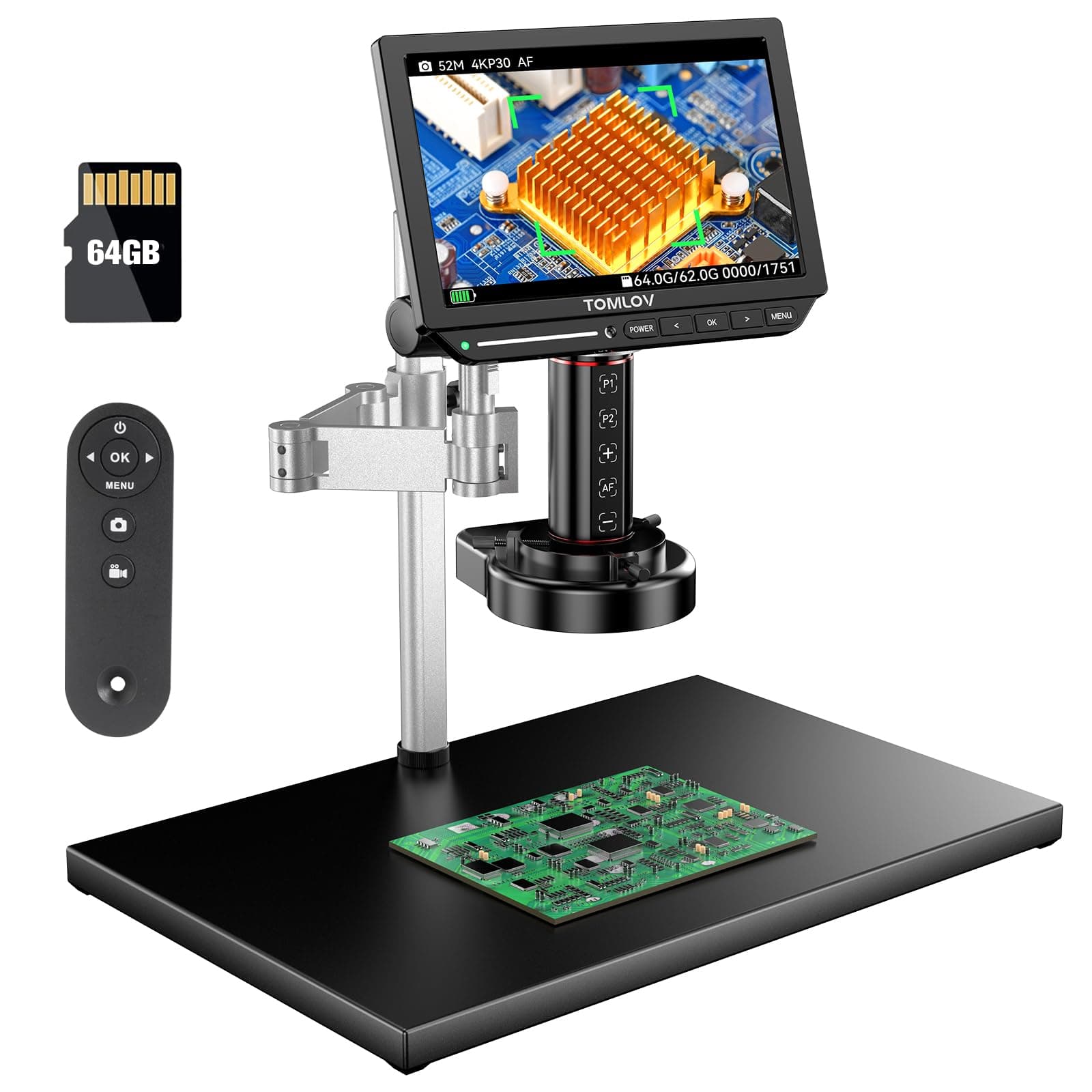 TOMLOV Autofocus Microscope, TM4K-AF Max 4K Spin Arm HDMI Digital Microscope, 10.1" Micro Soldering Microscope for Electronics Repair Ring Light, 52MP Larger Base LCD Coin Microscope Full View, 64G