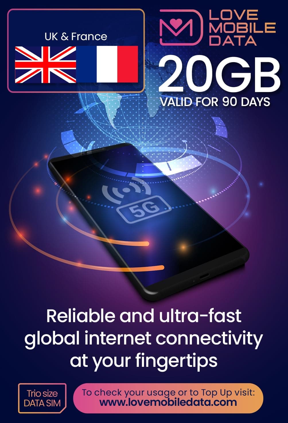 Love Mobile Data Only Sim Card - International Multi-Network 4G/5G Prepaid Pay As You Go Data Sim for Mobile Phones, WiFi Routers, & More, UK & France - 20GB for 90 Days