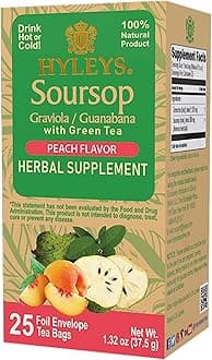 Hyleys Soursop Graviola Guanabana with Green Tea - Peach Flavor - 25 Tea Bags - Support Overall Health