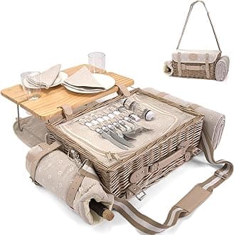 Mutifunctional Wicker Picnic Basket Set for 2 with Blanket and Picnic Table, Insulated Picnic Set with Full Tablewares for Camping Outdoor Couples Valentine Thanks Giving Birthday, Flowers
