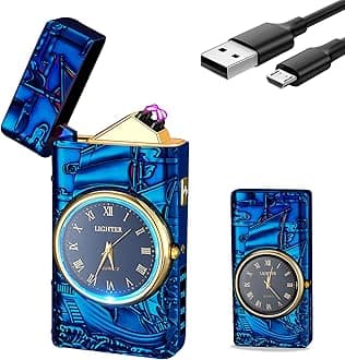 Electric Lighter with Clock YOZWOO USB Rechargeable Lighter with LED Light, Plasma Dual Arc Lighters with LED Power Display for Candle, Cool Lighters Gifts for Men and Women (Blue-Boat)