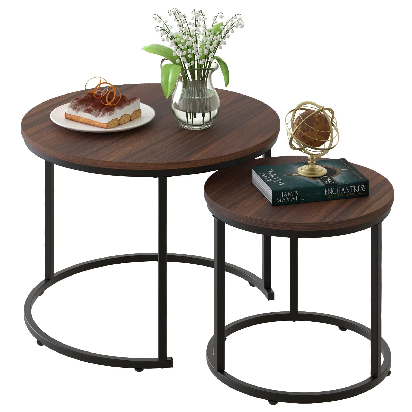 aboxoo Coffee Table Nesting Side Round Set of 2 End Table Top Sturdy Metal Frame Desk Centerpiece Living Room Bedroom Apartment Modern Industrial Simple Nightstand