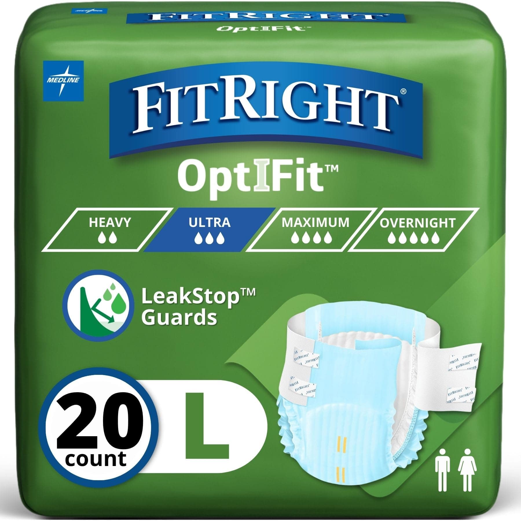 Adult Diapers, Ultra Heavy Absorbency, L (Waist Size 44in-56in), 20 Count, OptiFit Incontinence Briefs for Men and Women, Disposable, Moisture-Wicking, Leak Protection,