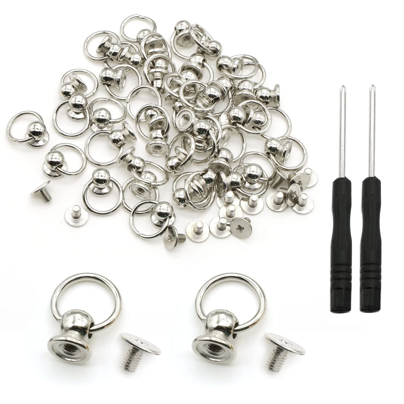 120 Pcs Screwback Round Head Rivet with Pull Ring Studs DIY Leather Craft Rivets Studs, for Purse Wallet Phone Case Handbag Decoration Bag with Mini Screwdriver (Silver)