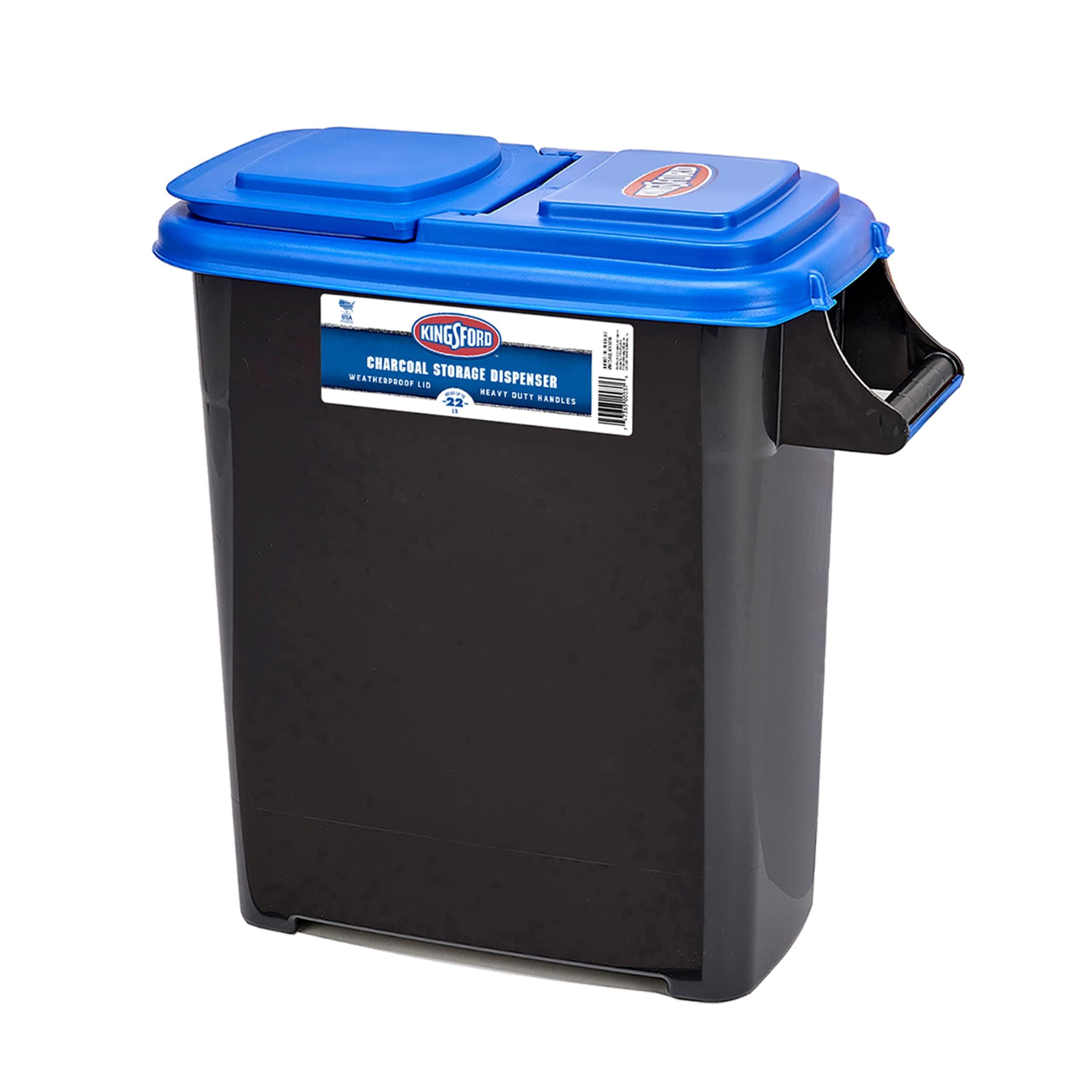 Kingsford Charcoal Storage Bin 22 lb Capacity, Stackable Black Wood or Smoker Pellet Container - Heavy-Duty Grip Handle - Blue Flip Lid