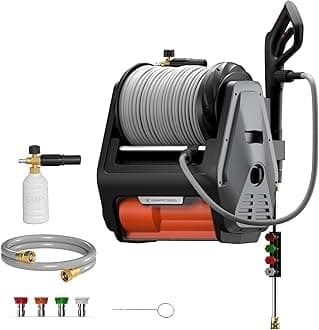 Giraffe Tools Grandfalls Pressure Washer Pro, Electric Wall Mount Power Washer with 100FT Retractable Pressure Hoses, 3700PSI, 1.6GPM, 4 Nozzles, Foam Cannon for Cars/Patios, Dark Silver