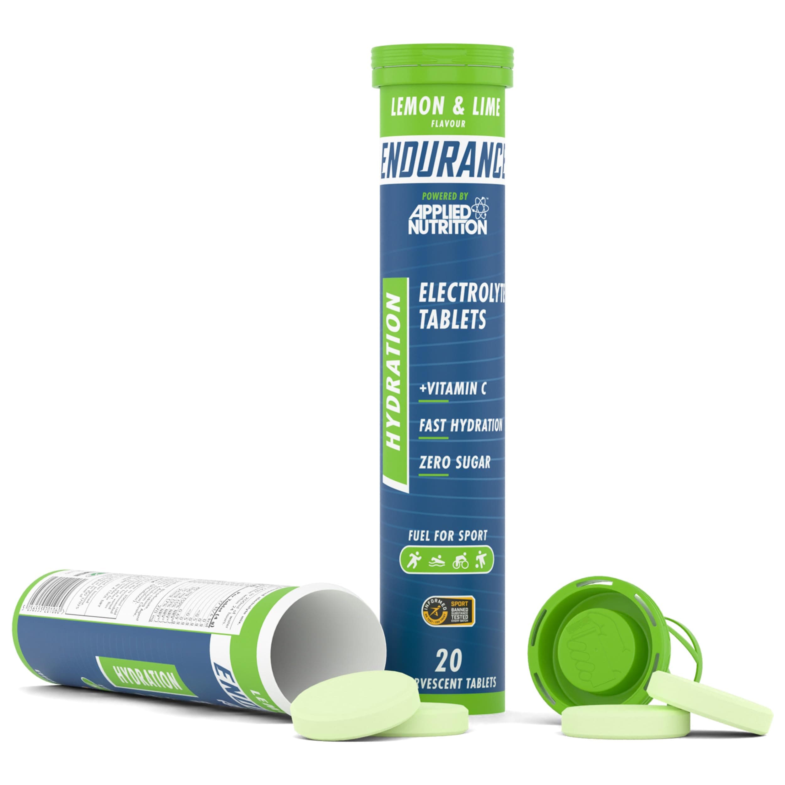 Applied Nutrition Endurance Hydration Electrolyte Tablets - 400mg Electrolytes per Serving – 20 Effervescent Tablets, Sugar Free, Low Calorie, Added Vitamin C Boost Performance – Lemon & Lime