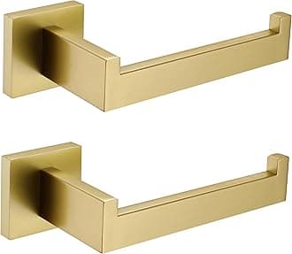 TASTOS Toilet Paper Holder Brushed Gold, Toilet Tissue Roll Holders Dispenser and Hangers Wall Mounted for Bathroom & Kitchen, Stainless Steel Modern Square Style 2 Pack