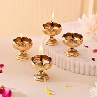 Craftvatika Brass Lotus Diya for Puja Set of 4 - Lotus Flower Diya for Pooja Room , Temple , Mandir, Office, Oil Lamp Diya for Home Decoration