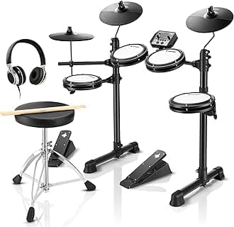 Donner DED-80 Electronic Drum Set, Electric Drum Set for Beginner with 4 Quiet Mesh Drum Pads, 2 Switch Pedal, 180+ Sounds, Throne, On-Ear Headphones, Sticks, and Melodics Lessons Included Black