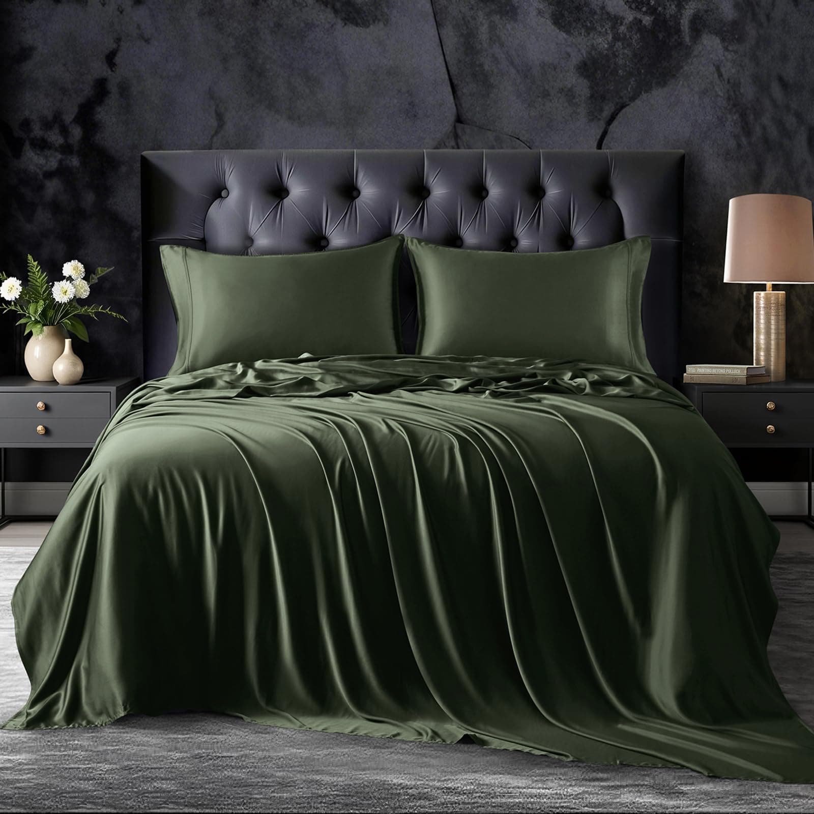 18-24 Inch Extra Deep Pocket Queen Size Sheets Set, 100% Viscose Derived from Bamboo Sheets Queen Size Bed Sheets, 4Pcs Soft Forest Green Cooling Sheets for Hot Sleepers