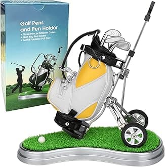 10L0L Golf Pen Holder 3 Club Pens & Movable Cart, Mini Golf Bag Desk Decor for Office, Funny Gifts for Men, Dad, Boss Stocking Stuffers for Golfers on Birthday, Christmas, Fathers Day (Yellow)