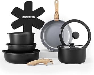 Country KitchenCookware Set with Removable Handle, Oven & RV Safe Pots and Pans Set, Black/Grey Wood Handle, Original
