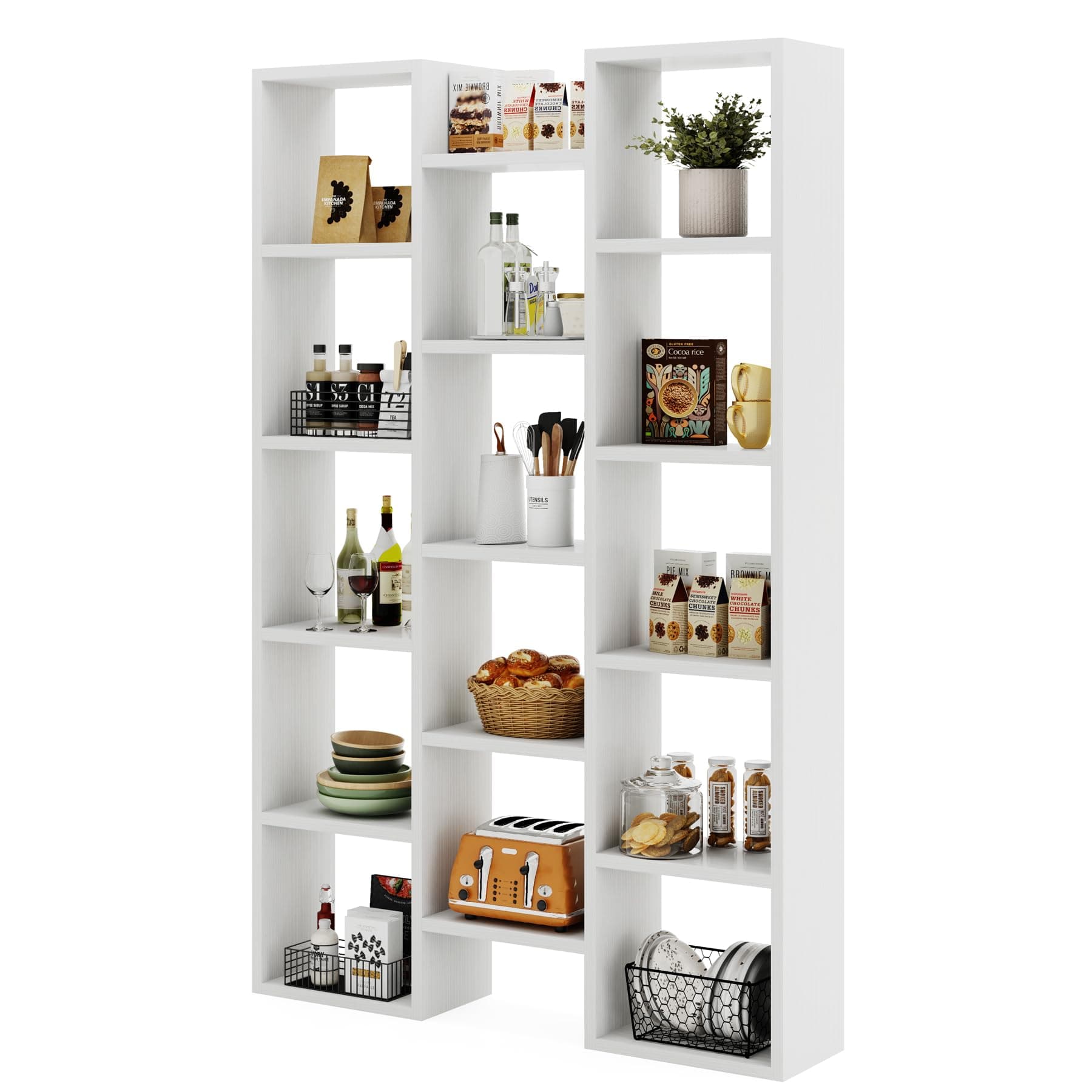 LITTLE TREE 14-Cube Bookshelf, 5-Tier Bookcase with Open Shelves, Retro Wood Storage Organizer Display Shelf, Horizontal/Vertical Storage Shelving Unit for Bedroom, Living Room, Office, White