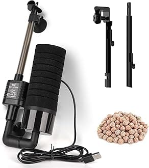 USB Single Sponge Filter, Small Aquarium Filter with Adjustable Hanging Clip and Suction Cup, Duckbill Outlet, Rain Pipe Outlet, Extra Spare Sponge