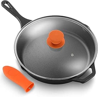 NutriChef 10" Pre-Seasoned Cast Iron PFOA-Free Oven Safe Kitchen Nonstick Cookware Frying Pan Skillet w/Glass Lid, Drip Spout, Silicone Handle-Gas/Electric/Ceramic/Induction Cooktop NCCI10