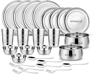 Premium Grade Quality Stainless Steel Dinner Set of 26 Pcs, Silver Touch Design - Attractive & Stylish Looks - Add Grace to Your Kitchen - Exclusive Kitchen Set for Home - Highly Durable