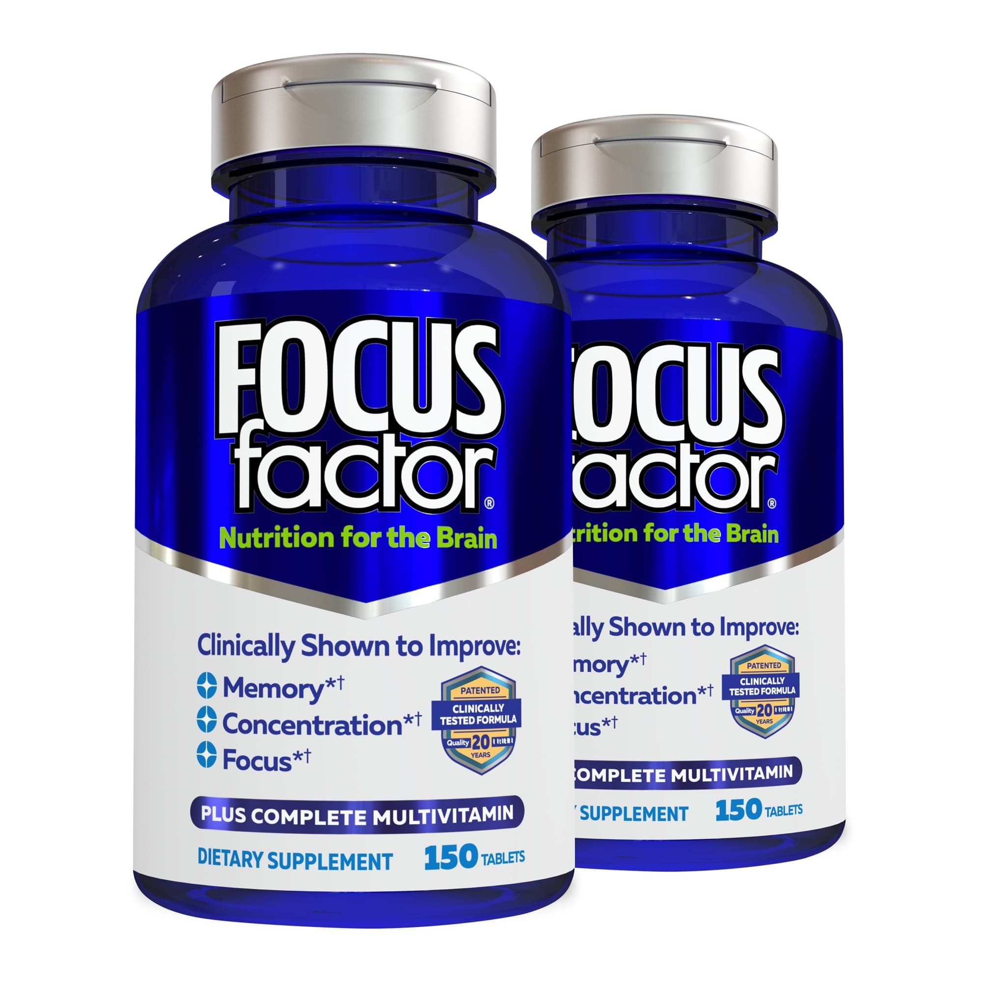 Focus Factor Nutrition for The Brain, Improved Memory & Concentration Brain Supplement, Complete Multivitamin with Vitamins B6, B12, D, Bacopa Monnieri & Tyrosine, 150 Count (Pack of 2)