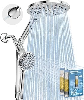 MakeFit Dual Filtered Rain Shower Head Combo, High Pressure Handheld Shower Head with Adjustable Bar - 8’’ Rainfall Shower Head And 10-Mode Showerhead with Filter for Hard Water - Removes Chlorine