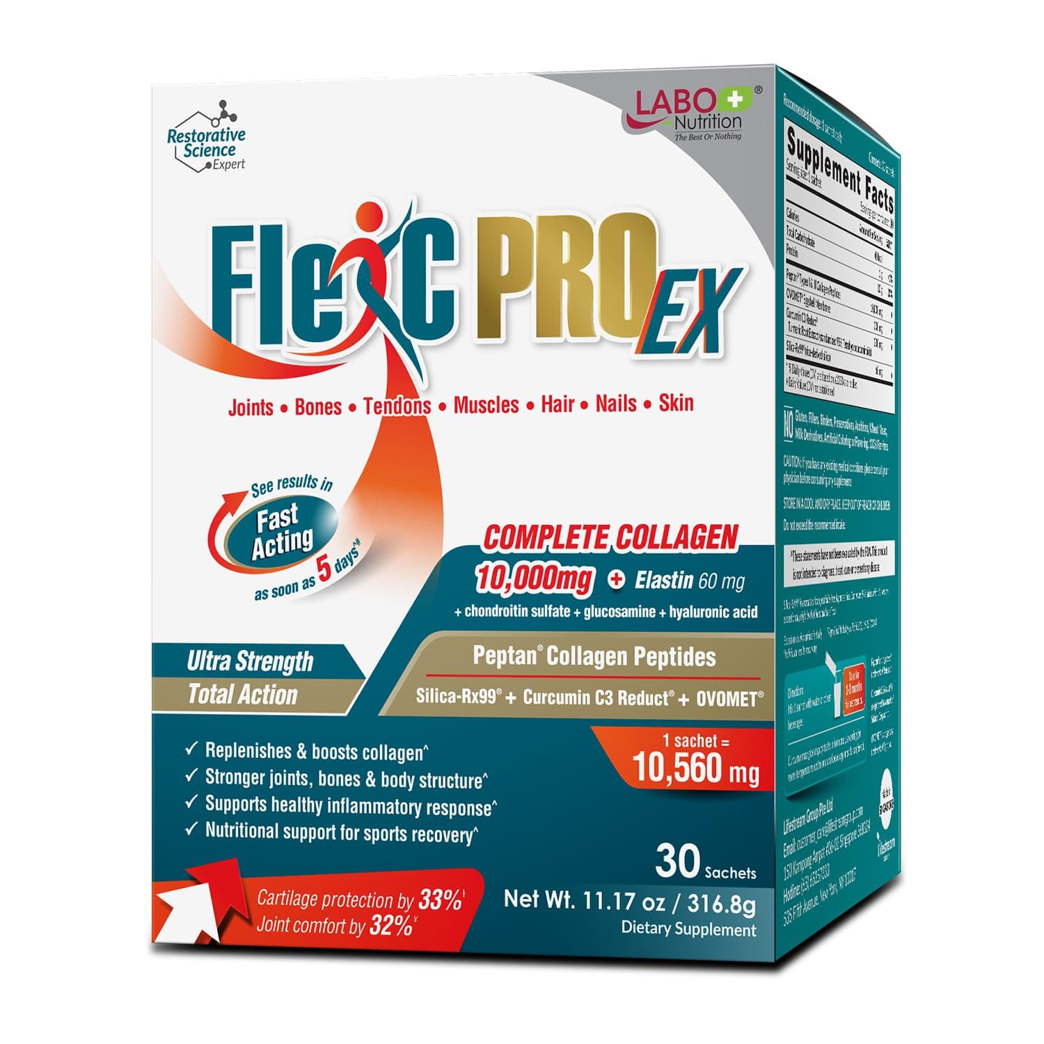 FlexC PRO EX, Full Spectrum Collagen, Type I, III, V & X, Peptan Collagen, Eggshell Membrane, Water Soluble Silica & Curcumin C3 Reduct, for Hair, Skin, Nails, Joint, Bones, Muscles