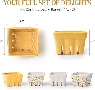 BIEN BEAU Farmhouse Ceramic Berry Basket, Colander, Farmers Market square Bowl. Rustic Kitchen decor fruit bowls, Fruit Baskets, Yellow, White and floral pattern Stoneware Harvest Bowls Set of 4