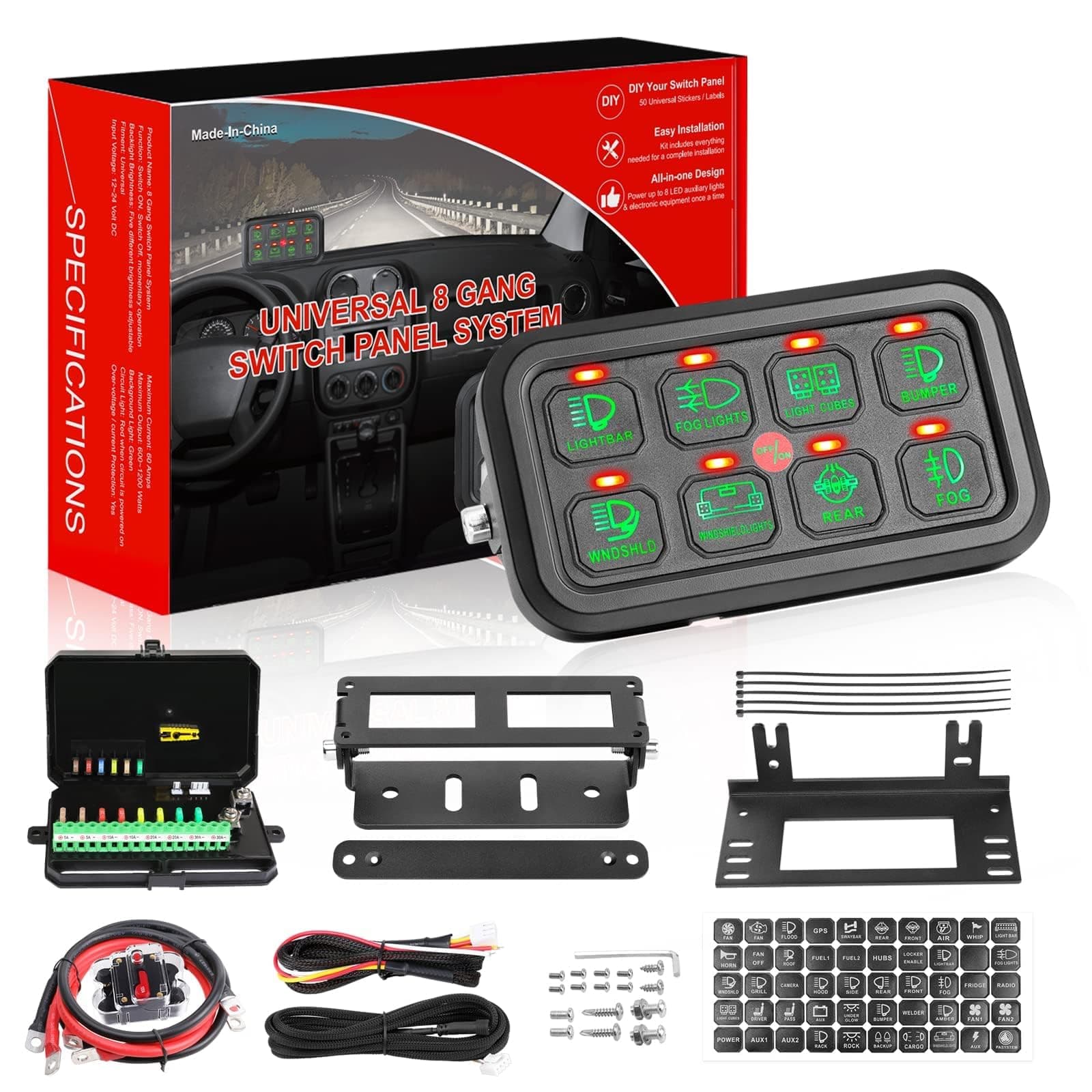 8 Gang Switch Panel, AKD Part Circuit Control Box Universal Switch Box Wiring Harness Touch Panel 8 On Off Button for Trucks Pickup SUV UTV Boat Wrangler Chevy GMC Ram