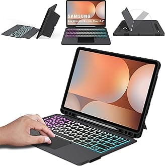 ROOFEI Galaxy Tab S9 FE+/S9+/S10+ Plus 12.4 inch Case Cover with QWERTZ Keyboard, Detachable Keyboard with Touchpad and 7 Color Lighting, Auto Sleep/Wake Stand