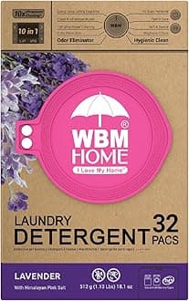 WBM 10-in-1 Laundry Detergent Pods, Fabric Softener with Lavender Extracts, High-Efficiency Laundry Pods with Powerful Stain Lifter Technology - 32 Count Bag
