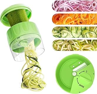 Handheld Low-Carb Spiralizer，3-in-1 Veggie Noodle Maker for Zucchini, Carrots & More, Compact Design for Small Kitchens, Rust-Resistant Stainless Steel Blades(Green)