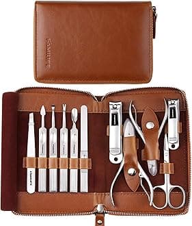 FAMILIFE Manicure Set, Professional Manicure Kit Nail Clippers Set 11 in 1 Stainless Steel Pedicure Tools Kit Nail Kit Men Grooming Kit with Portable Brown Leather Travel Case Luxury Gifts for Him