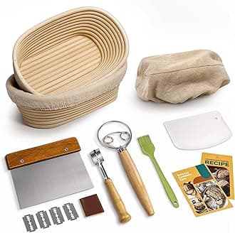 Rorecay Banneton Bread Proofing Baskets Set of 2, 10 Inch Oval Cane Sourdough Bread Rising Basket Bowls with Sourdough Bread Lame Dough Scraper Basting Brush for Sour Dough Proofing Fermentation