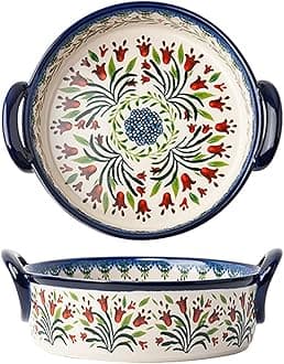 Vintage Style Tulip Flower Pattern Ceramic Bakeware Casserole Dish Baking Pan Lasagna Pans Baking Dish with Handles for Oven/Cooking/Kitchen-1 PCS-32 OZ