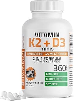 Bronson Vitamin K2 (MK7) with D3 Lower Dose 45mcg Vitamin K2 & 1000 IU Vitamin D3 Easy to Swallow Daily Maintenance 2 in 1 Formula Non-GMO, 360 Mini Tablets
